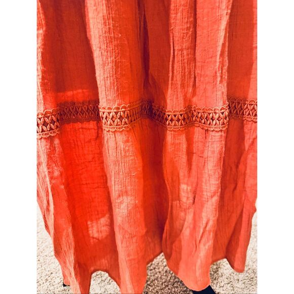 Luxology Coral Boho Maxi Dress Tie Neck Smocked Waist Size L - Picture 7 of 7